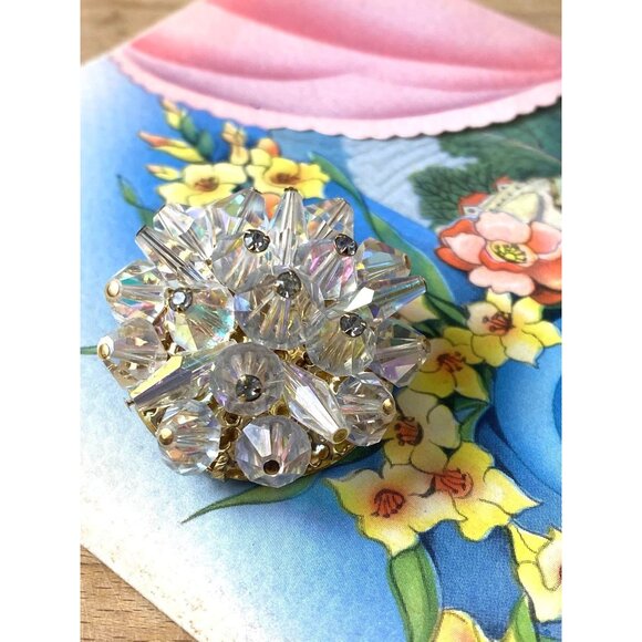 Vintage Aurora Borealis Crystal Beaded Brooch Pin Gold-Tone Backing Mid-Century - Picture 7 of 7